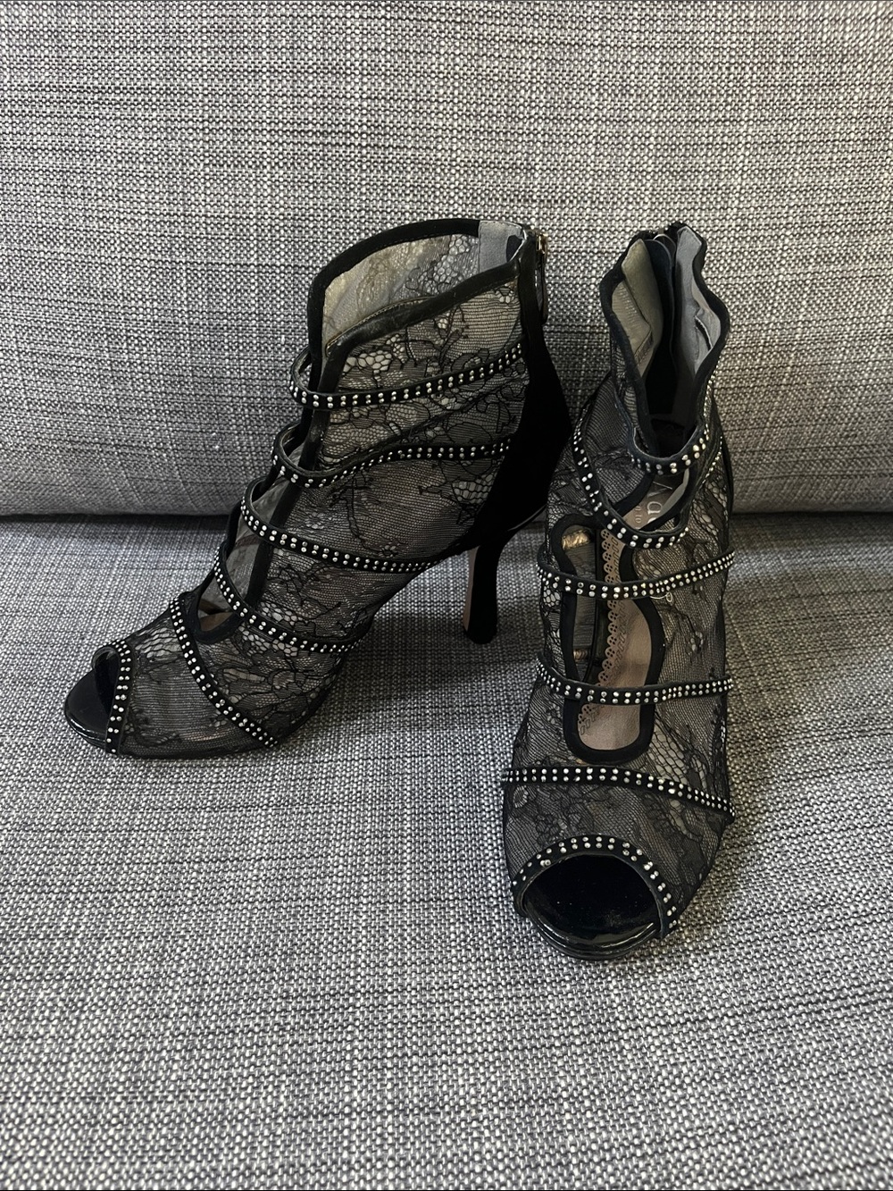 Adore Black Lace Studded Strappy High-Heel Sandals